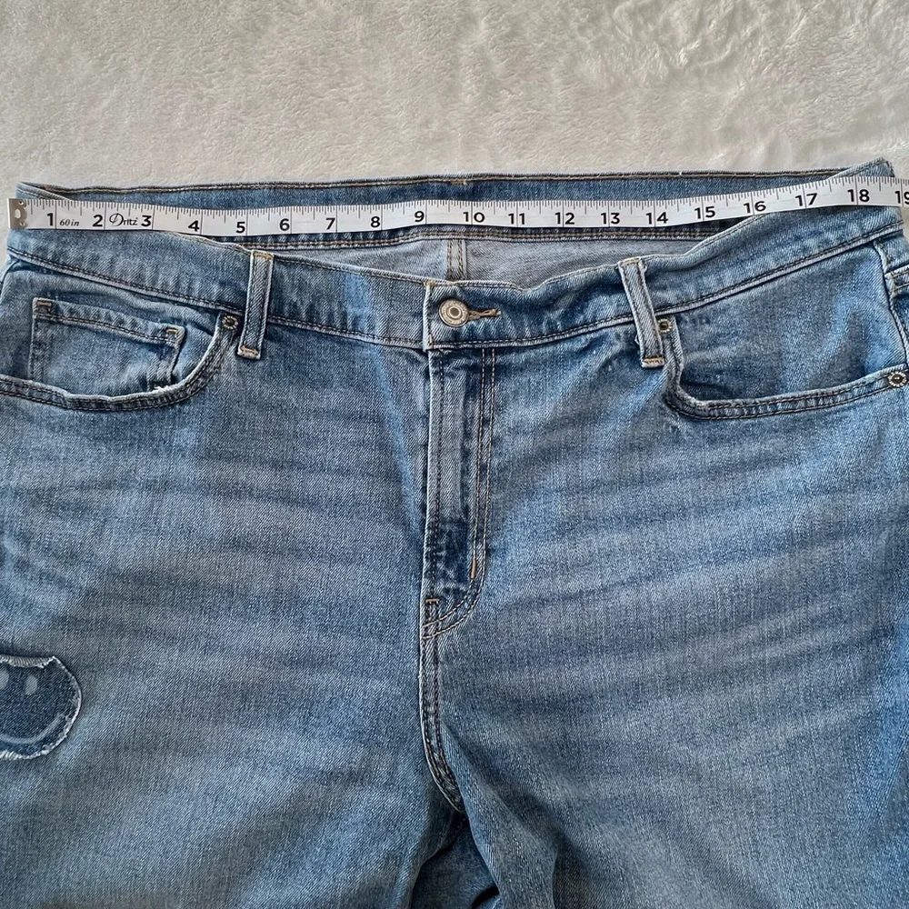 Old Navy Boyfriend Jeans Mid Rise Straight Ripped Smiley Face Happy Remix Blu 16